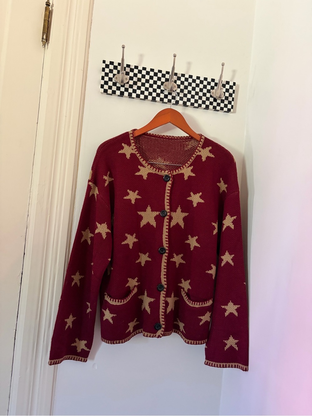 Burgundy Star-Print Button Cardigan Sweater